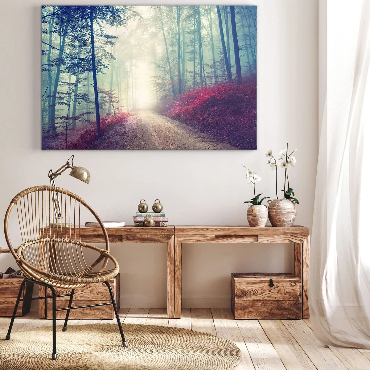 Lærredstryk - Billede på lærred - En magisk skovsti omgivet af træer og tåge - 70x50cm - Hvor er det godt at stå op ved daggry - Moderne vægdekoration til stue og soveværelse ARTTOR
