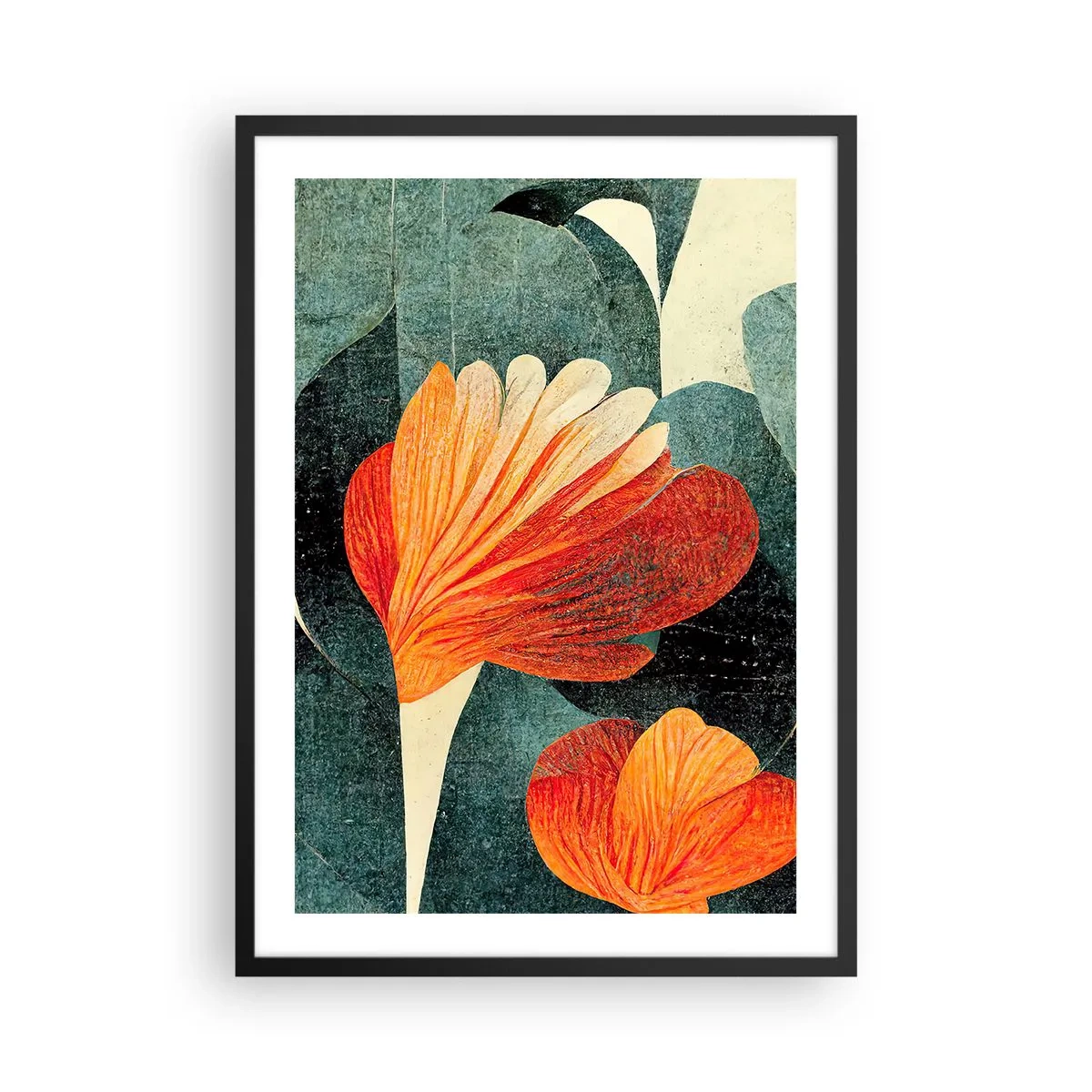 Plakat i sort ramme - Abstrakte blomster i nuancer af orange og grøn - 50x70cm - Varmen fra troperne og køligheden fra det grønne - Moderne vægdekoration til stue og soveværelse ARTTOR