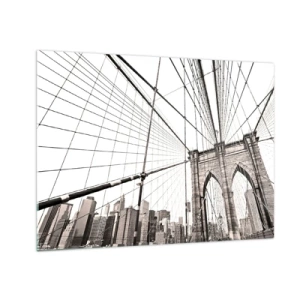 Billede på glas - En hængebro med et bypanorama i baggrunden i sepia - 70x50cm - Katedralen i New York - Moderne vægdekoration til stue og soveværelse ARTTOR