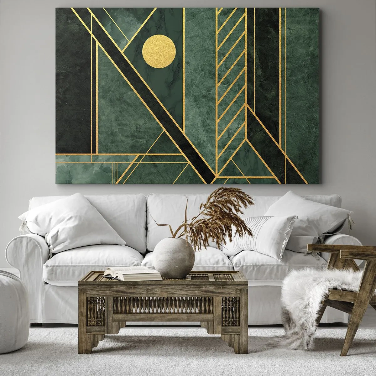 Lærredstryk - Billede på lærred - Grønt og guld geometrisk design med et elegant mønster - 70x50cm - Dynamikken i guld og azurblå - Moderne vægdekoration til stue og soveværelse ARTTOR