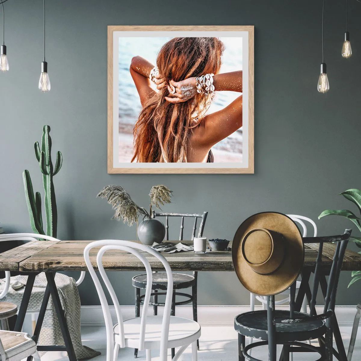 Plakat i ramme af lyst egetræ - Søster af vand og solskin - 40x40 cm