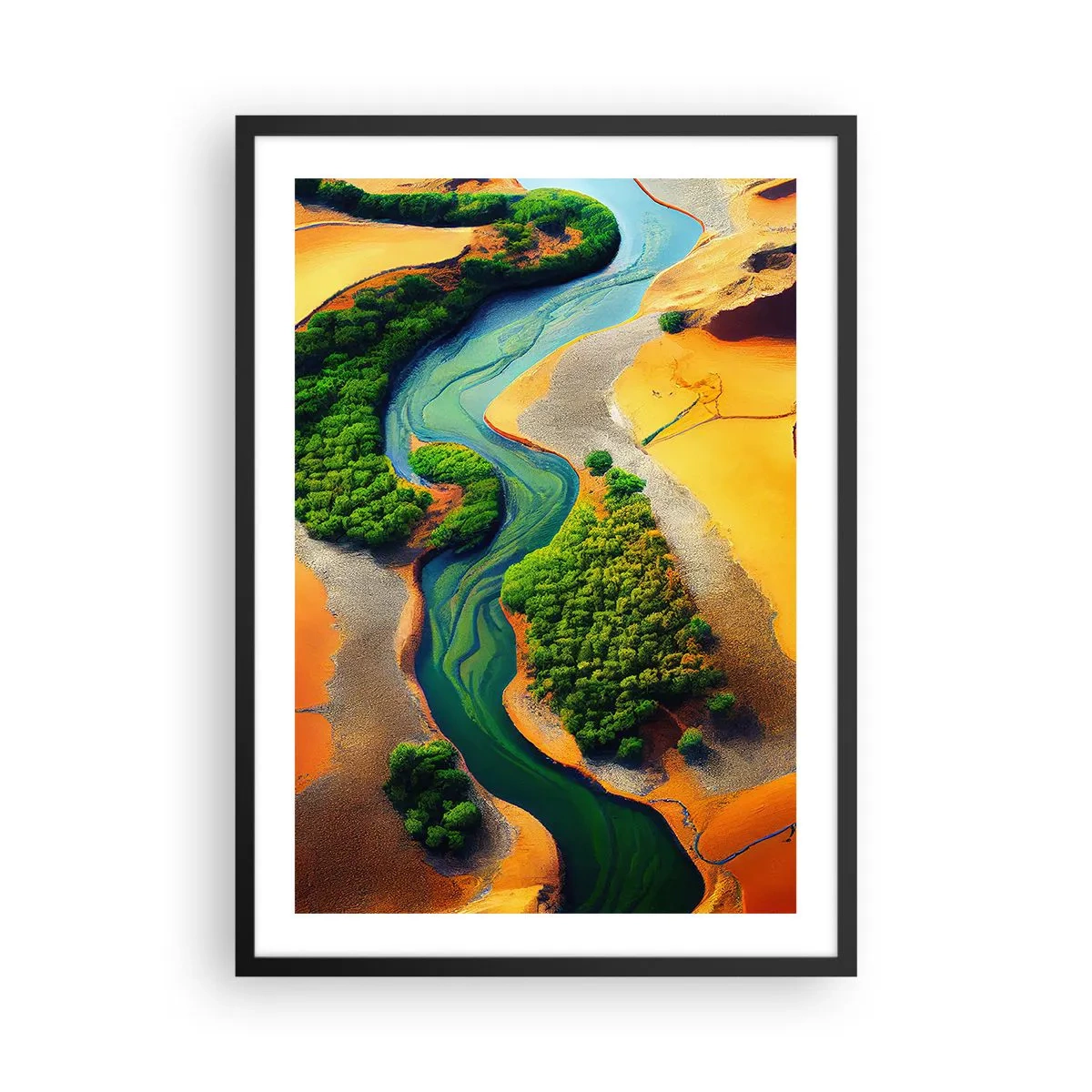 Plakat i sort ramme - Et farverigt landskab med en snoet flod - 50x70cm - Livgivende flod - Moderne vægdekoration til stue og soveværelse ARTTOR