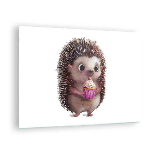 Billede på glas - Et sødt pindsvin med en cupcake på en hvid baggrund - 70x50cm - Fejring er hver dag - Moderne vægdekoration til stue og soveværelse ARTTOR