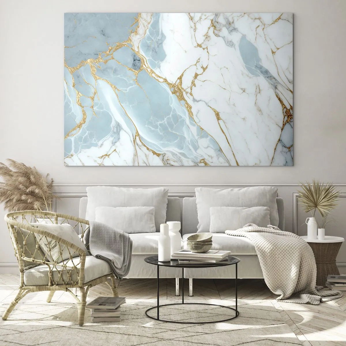 Billede på glas - Abstrakt marmor i nuancer af blå og guld - 70x50cm - Rigdom af sten - Moderne vægdekoration til stue og soveværelse ARTTOR