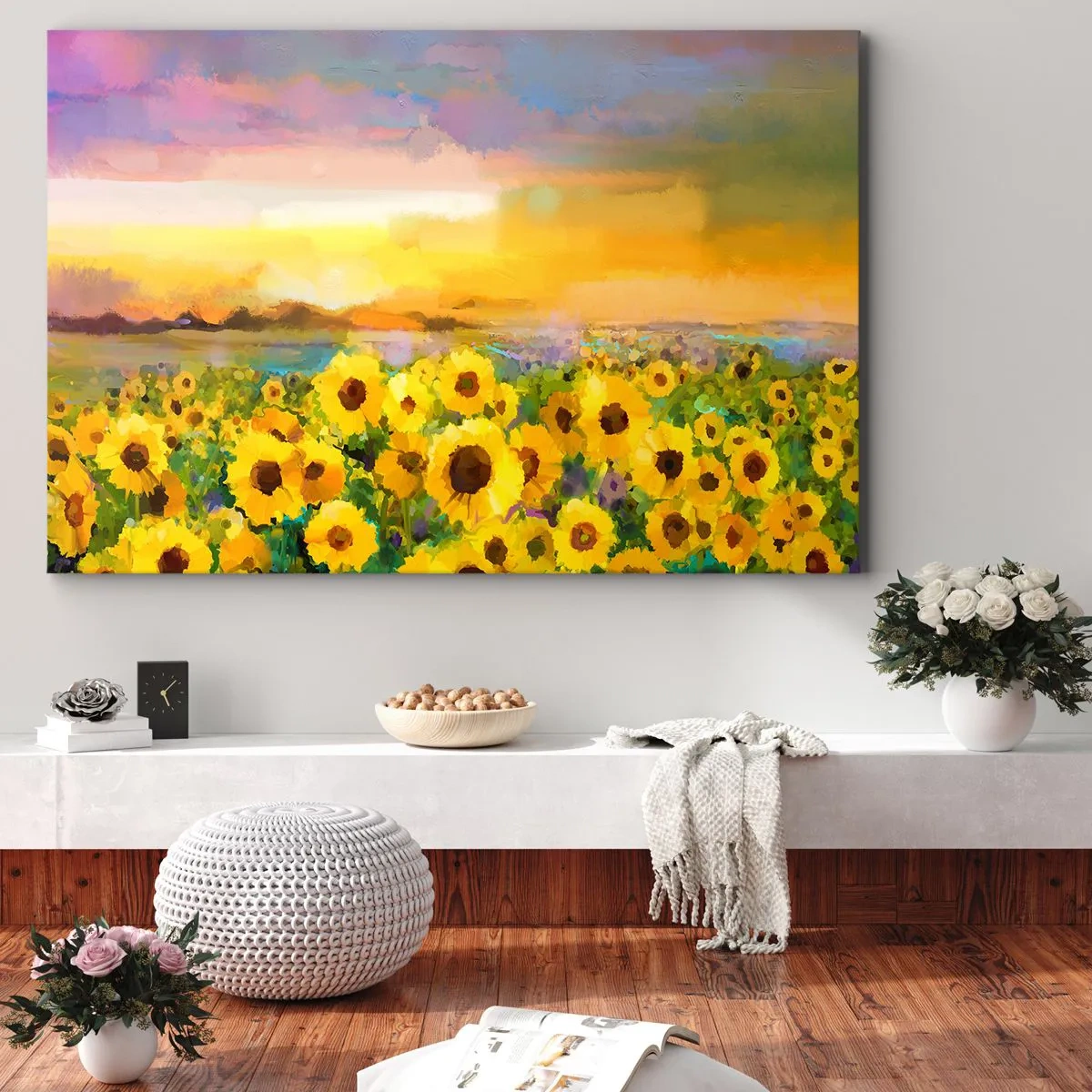 Lærredstryk - Billede på lærred - En mark med solsikker i lyset af den nedgående sol - 70x50cm - Selve solen er steget ned på jorden - Moderne vægdekoration til stue og soveværelse ARTTOR