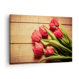 Lærredstryk - Billede på lærred - En buket lyserøde tulipaner på en træbaggrund - 70x50cm - Forårets tilståelse - Moderne vægdekoration til stue og soveværelse ARTTOR
