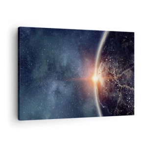 Lærredstryk - Billede på lærred - Jorden set fra rummet med den opgående sol - 70x50cm - I det nye perspektiv - Moderne vægdekoration til stue og soveværelse ARTTOR