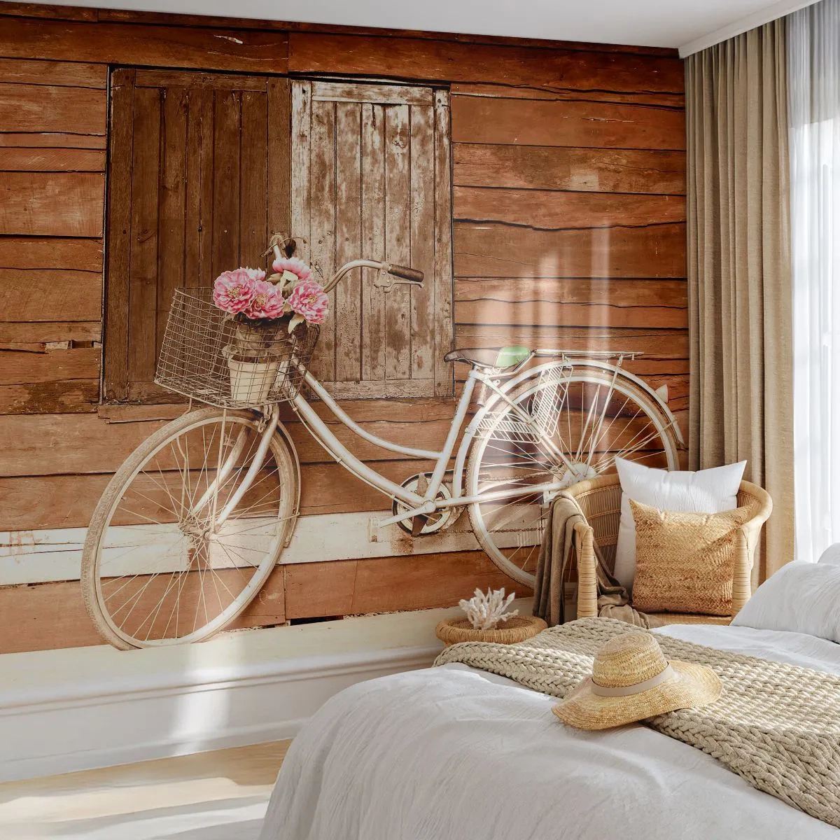 Fototapet Premium Sand - Jeg vender tilbage om lidt - Cykel, Blomster, Træhus - 100x70 cm