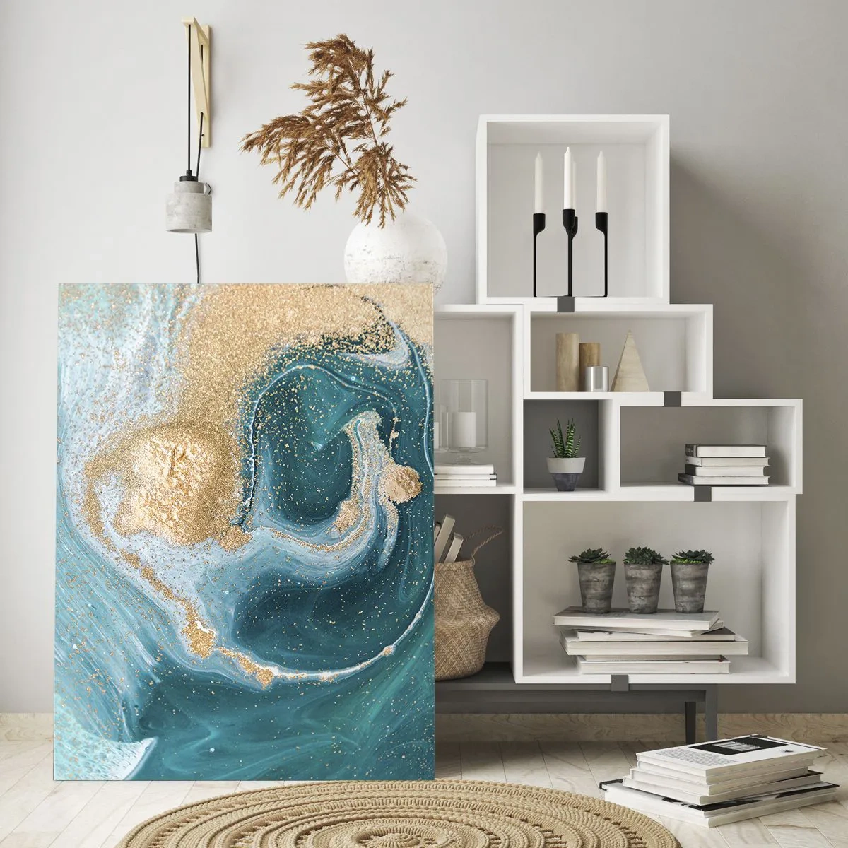 Billede på glas - En hvirvel af guld og turkis - 50x70 cm