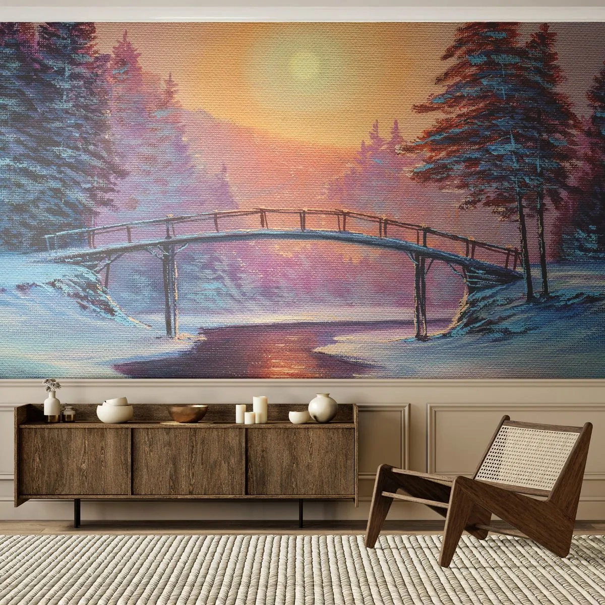 Fototapet Premium Sand - De fire årstider - vinter - Landskab, flod, Bro - 100x70 cm