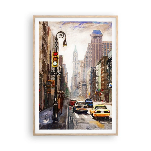 Plakat i ramme af lyst egetræ - New York - også farverig i regnvejr - 70x100 cm