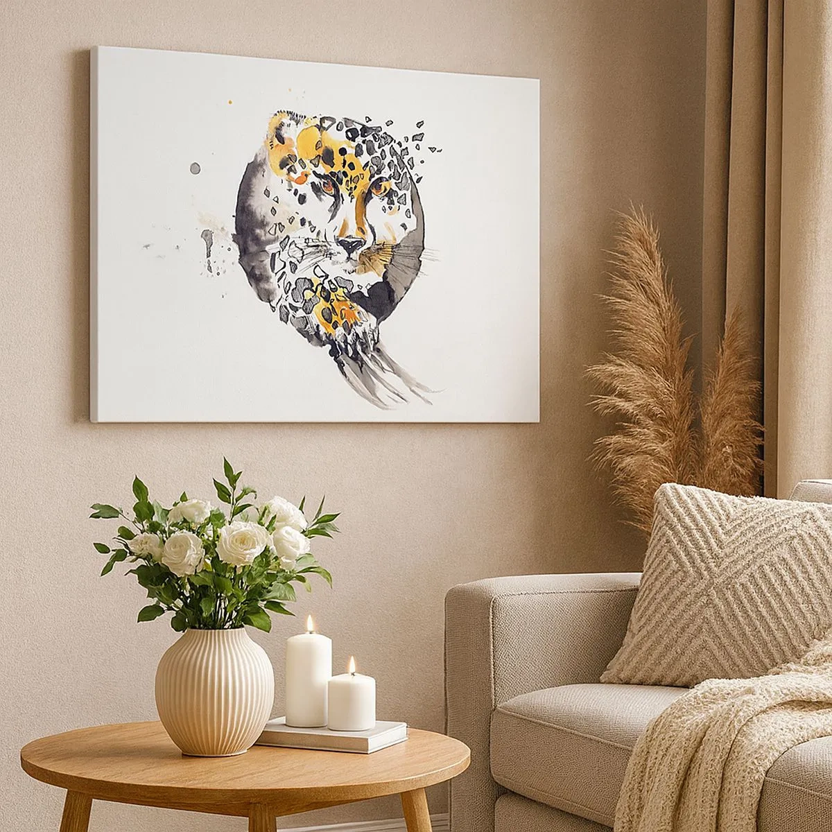 Lærredstryk - Billede på lærred - Kunstnerisk akvarelmaleri med gepardmotiv - 70x50cm - Rovdyrisk skønhed - Moderne vægdekoration til stue og soveværelse ARTTOR