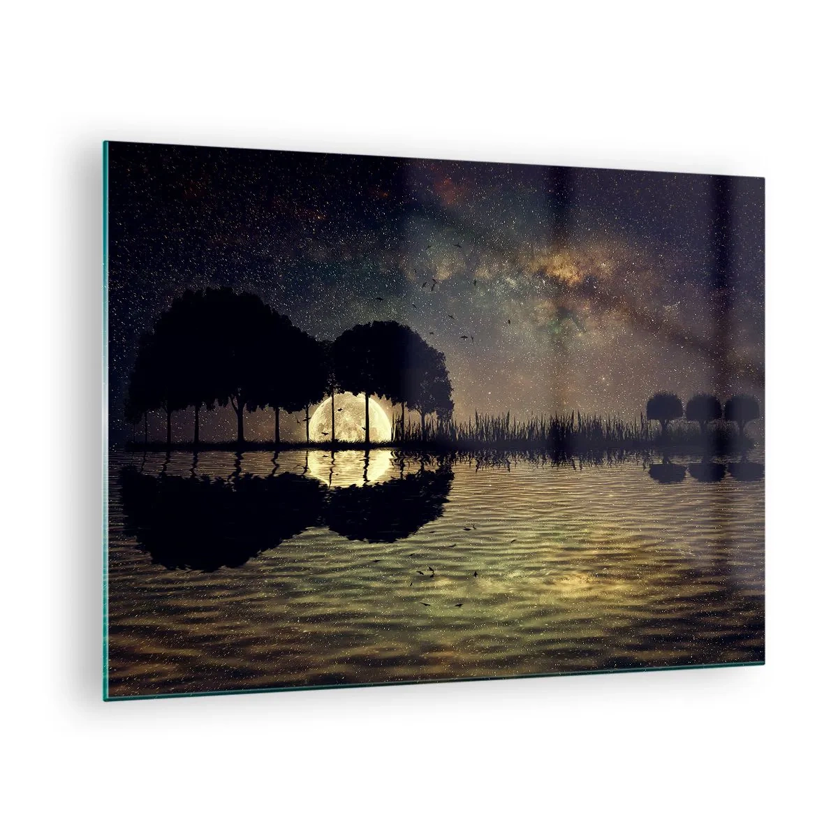 Billede på glas - Nattescene med en fuldmåne spejlet i vandet - 70x50cm - En nat på kanten af verden - Moderne vægdekoration til stue og soveværelse ARTTOR