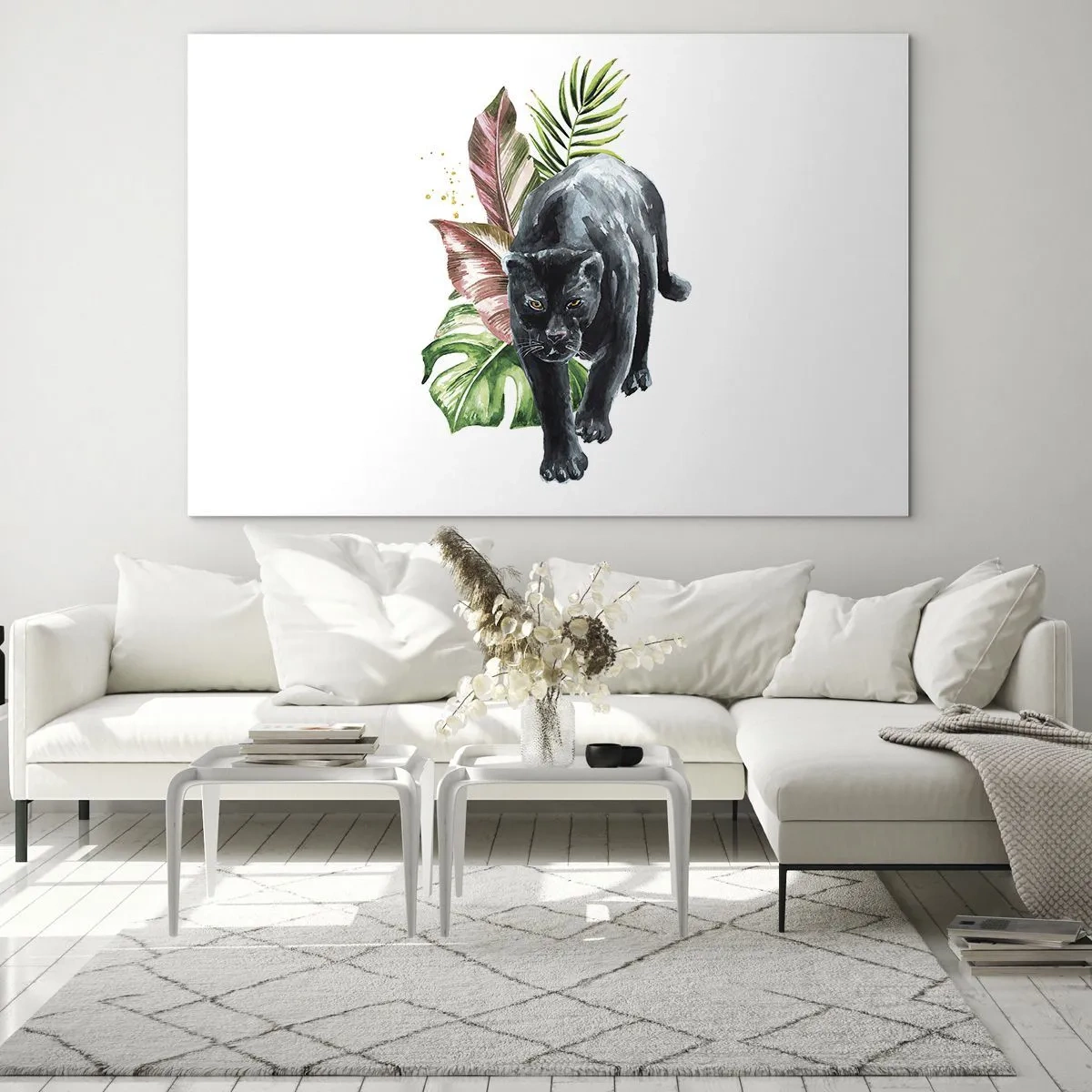 Billede på glas - Sort panter på en baggrund af tropiske blade i akvarelstil - 70x50cm - Vild i hjertet - Moderne vægdekoration til stue og soveværelse ARTTOR