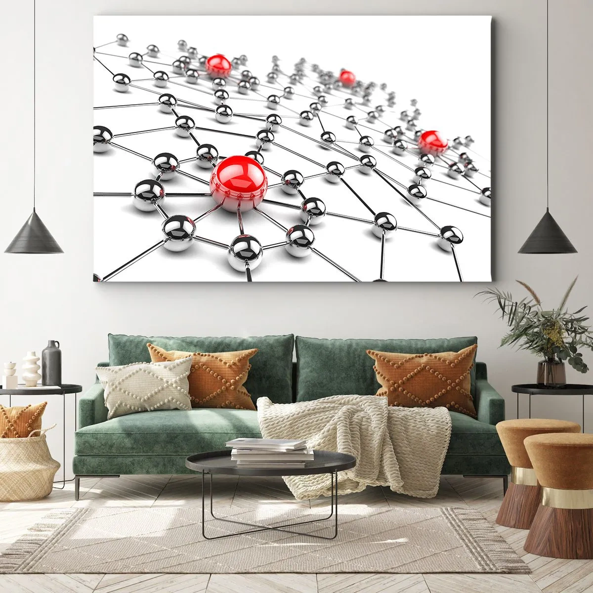 Lærredstryk - Billede på lærred - Et netværk af metalkugler med røde accenter - 70x50cm - Sølvnet - Moderne vægdekoration til stue og soveværelse ARTTOR