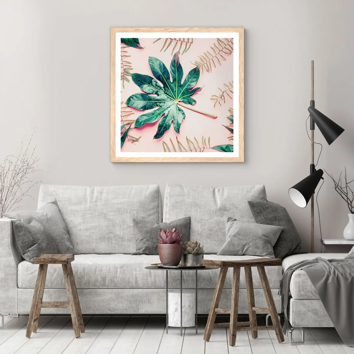 Plakat i ramme af lyst egetræ - En undersøgelse af grønt på en lyserød baggrund - 40x40 cm