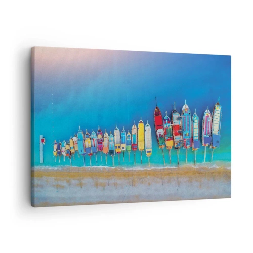 Lærredstryk - Billede på lærred - Farverige både opstillet på række på kysten - 70x50cm - Fra et fugleperspektiv - Moderne vægdekoration til stue og soveværelse ARTTOR
