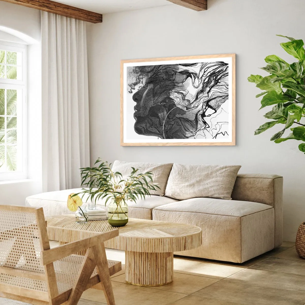 Plakat i ramme af lyst egetræ - Forviklet i drømme - 100x70 cm