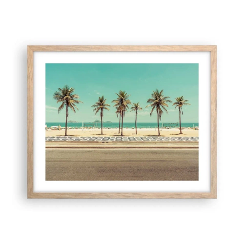 Plakat i ramme af lyst egetræ - På stranden - 50x40 cm