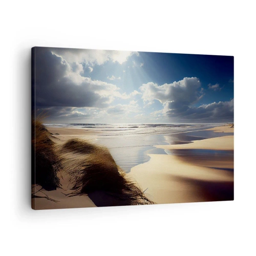 Lærredstryk - Billede på lærred - En vild strand med klitter og blå himmel - 70x50cm - Strand, vild strand - Moderne vægdekoration til stue og soveværelse ARTTOR