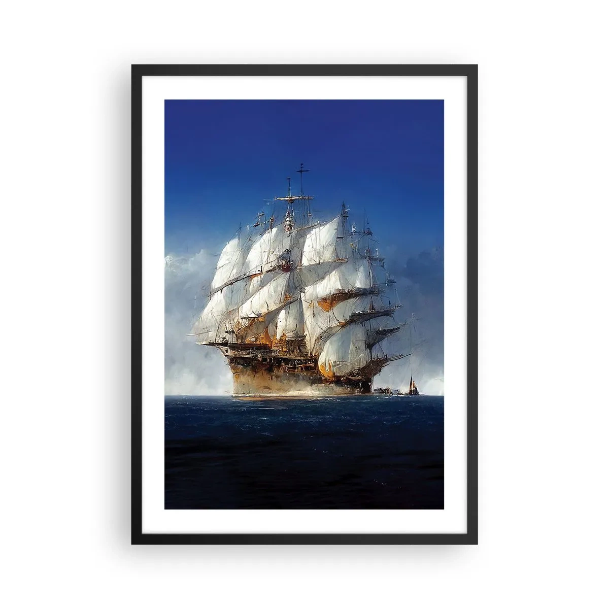 Plakat i sort ramme - Et sejlskib på åbent hav under fulde sejl i sollyset - 50x70cm - Den store herlighed! - Moderne vægdekoration til stue og soveværelse ARTTOR