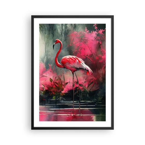 Plakat i sort ramme - En flamingo omgivet af lyserød vegetation ved vandet - 50x70cm - En lektion i naturlig charme - Moderne vægdekoration til stue og soveværelse ARTTOR