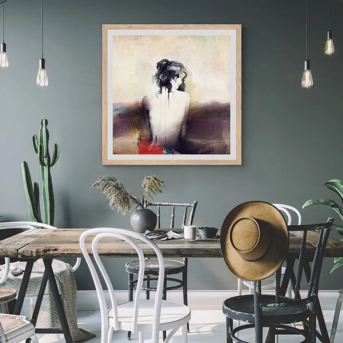Plakat i ramme af lyst egetræ - Glatte linjer, ovale former - 50x50 cm