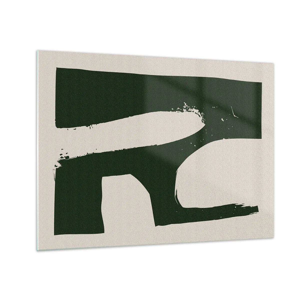 Billede på glas - Minimalistisk abstraktion med mørkegrønne penselstrøg - 70x50cm - Bugter af hvidt - Moderne vægdekoration til stue og soveværelse ARTTOR