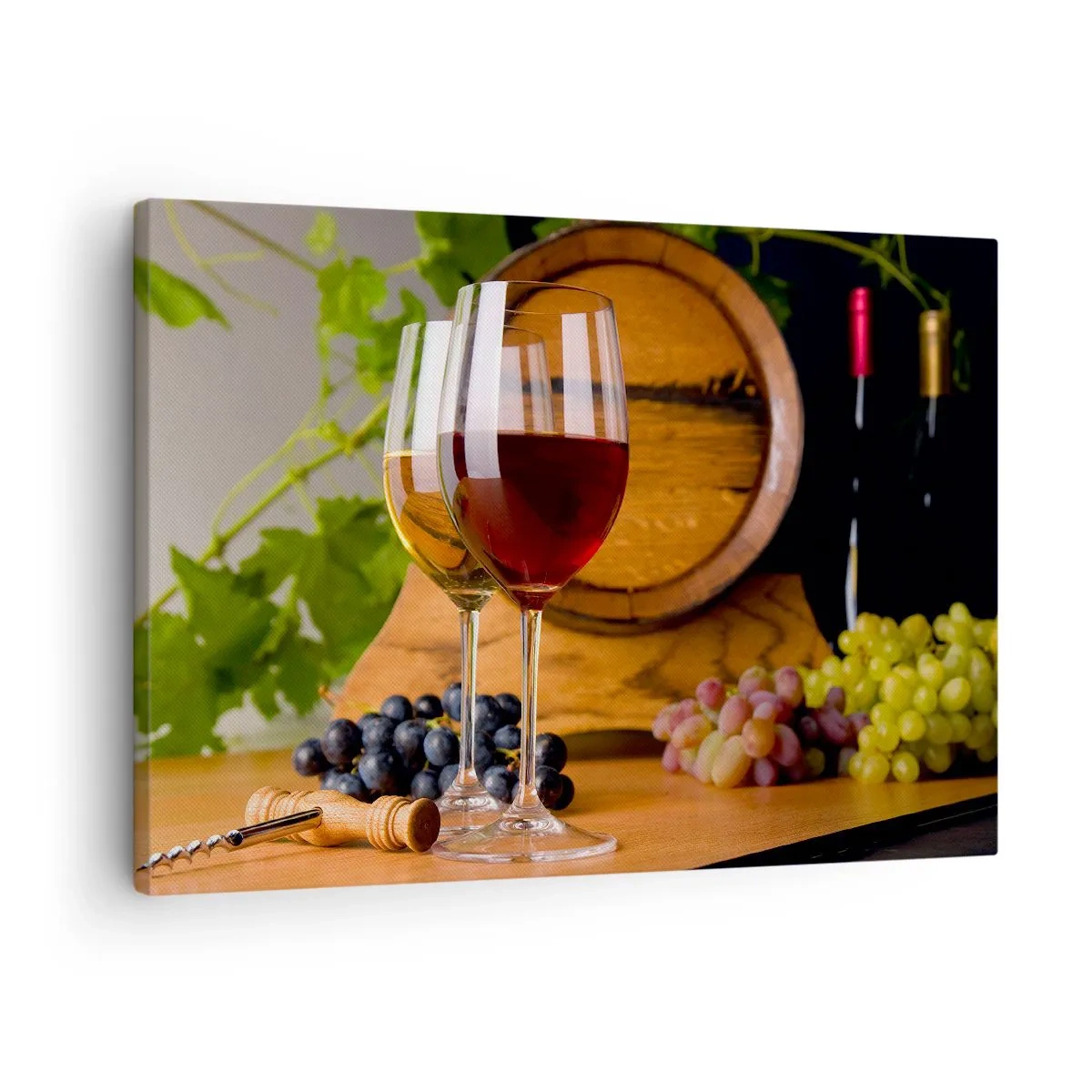 Lærredstryk - Billede på lærred - Glas vin med druer, en tønde og flasker på et træbord - 70x50cm - Som de gamle mestre - Moderne vægdekoration til stue og soveværelse ARTTOR