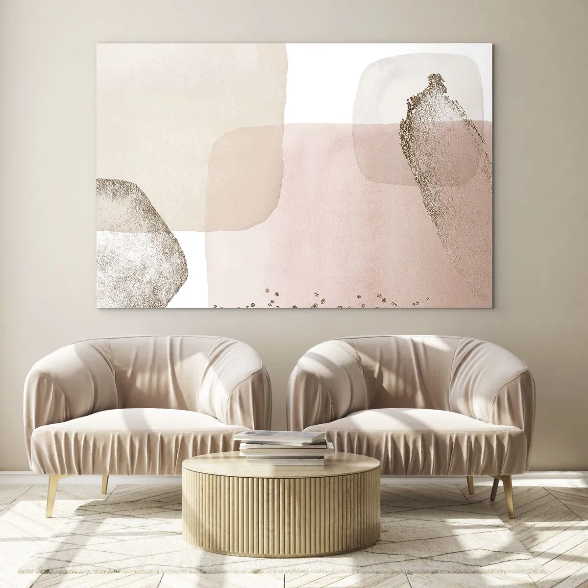 Billede på glas - En abstrakt komposition i nuancer af lyserød, beige og guld. - 70x50cm - Et kig gennem farver - Moderne vægdekoration til stue og soveværelse ARTTOR