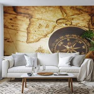 Fototapet Premium Canvas - Øst eller vest? - Rejser, Verdenskort, Kompas - 450x315 cm
