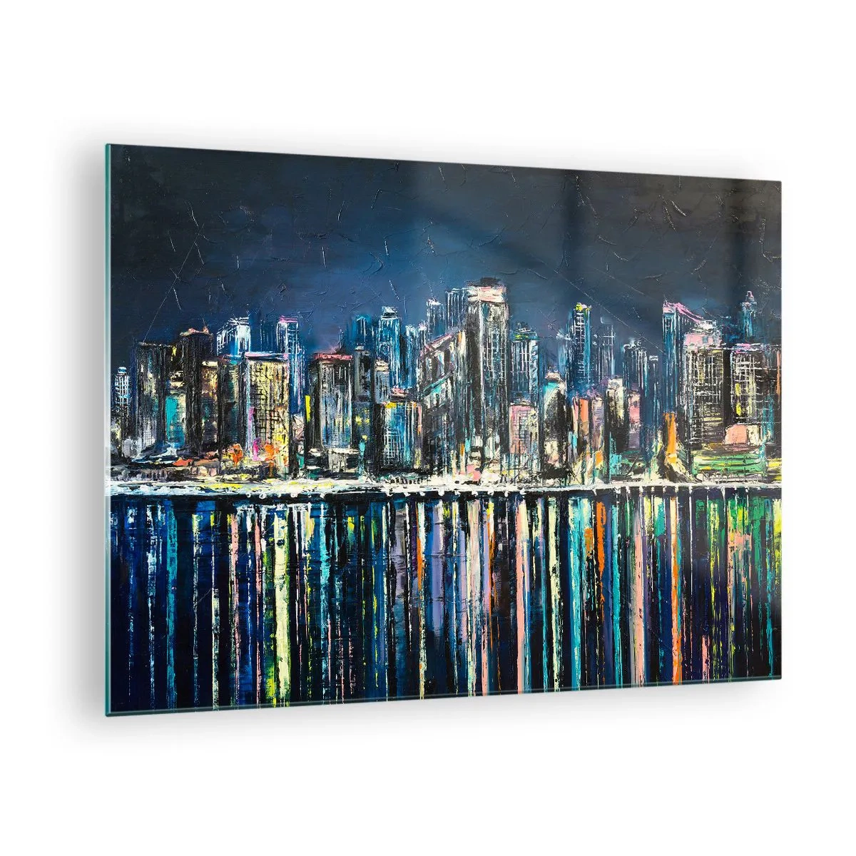 Billede på glas - Panorama over byen om natten med lysene reflekteret i vandet - 70x50cm - Kaskade af lys - Moderne vægdekoration til stue og soveværelse ARTTOR