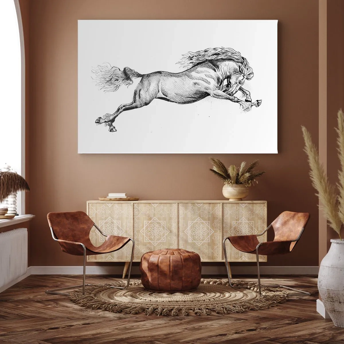 Lærredstryk - Billede på lærred - Skitse af en hest i dynamisk galop på en hvid baggrund - 70x50cm - Stoppet i galop - Moderne vægdekoration til stue og soveværelse ARTTOR