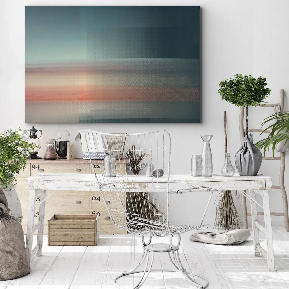 Lærredstryk - Billede på lærred - En solnedgang i pastelfarver over en rolig horisont - 70x50cm - Abstraktion: bølger af lys - Moderne vægdekoration til stue og soveværelse ARTTOR