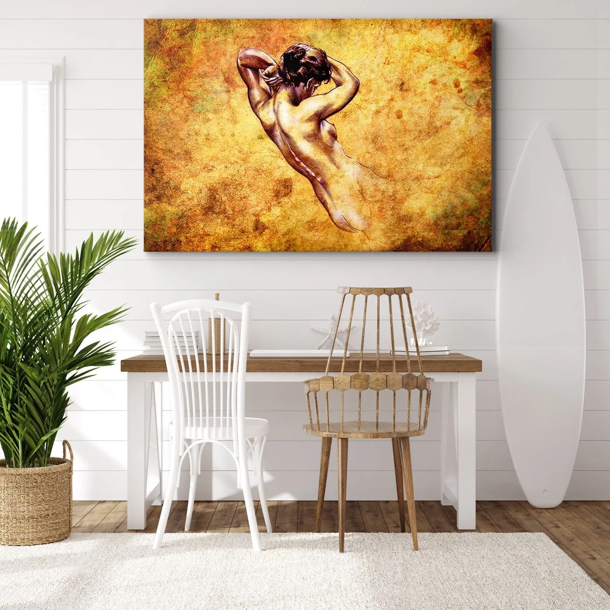 Lærredstryk - Billede på lærred - Kunstnerisk kvindelig nøgen på en gylden baggrund i klassisk stil - 70x50cm - Afsløret, men stadig et mysterium - Moderne vægdekoration til stue og soveværelse ARTTOR
