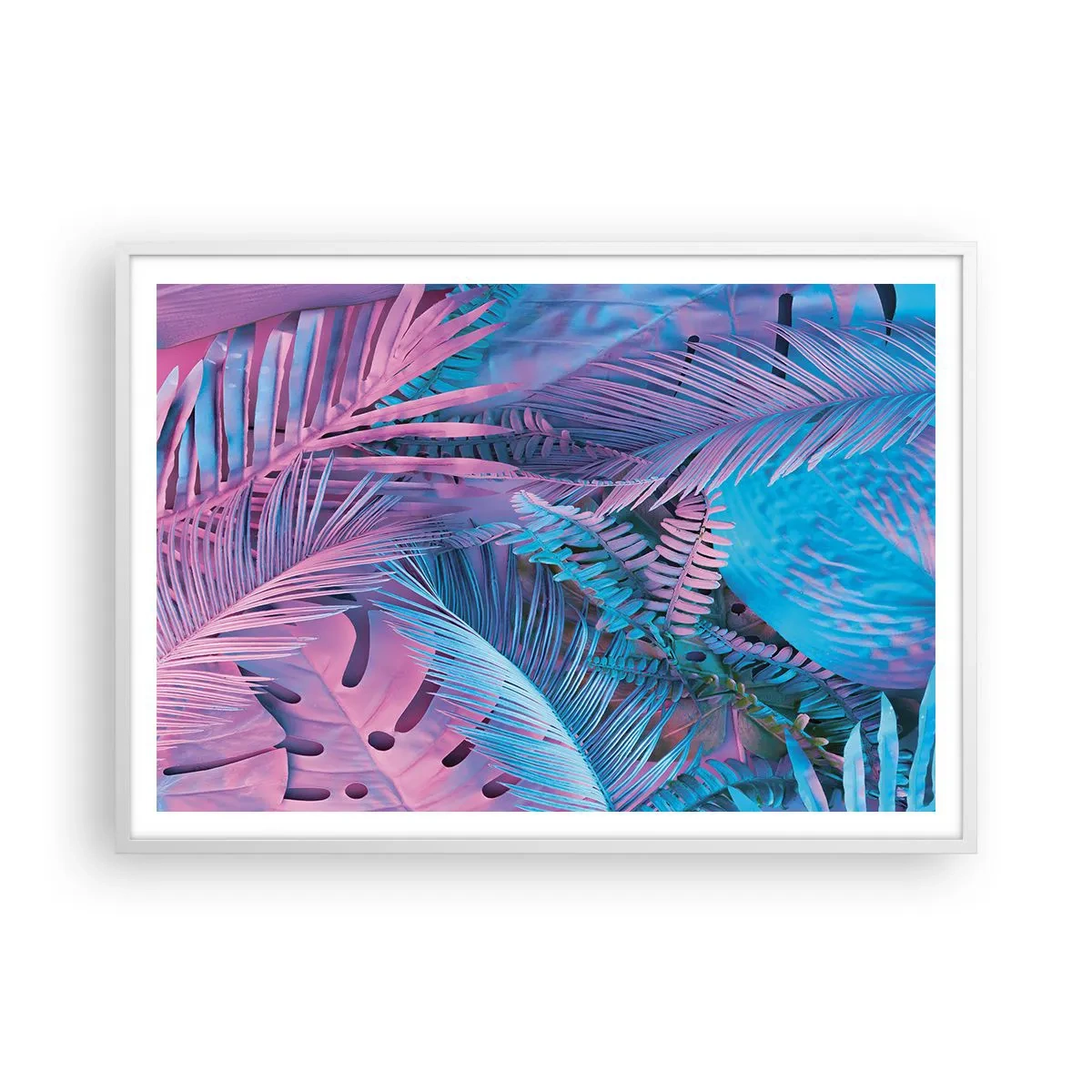 Plakat i hvid ramme - Troperne i lyserød og blå - 100x70 cm