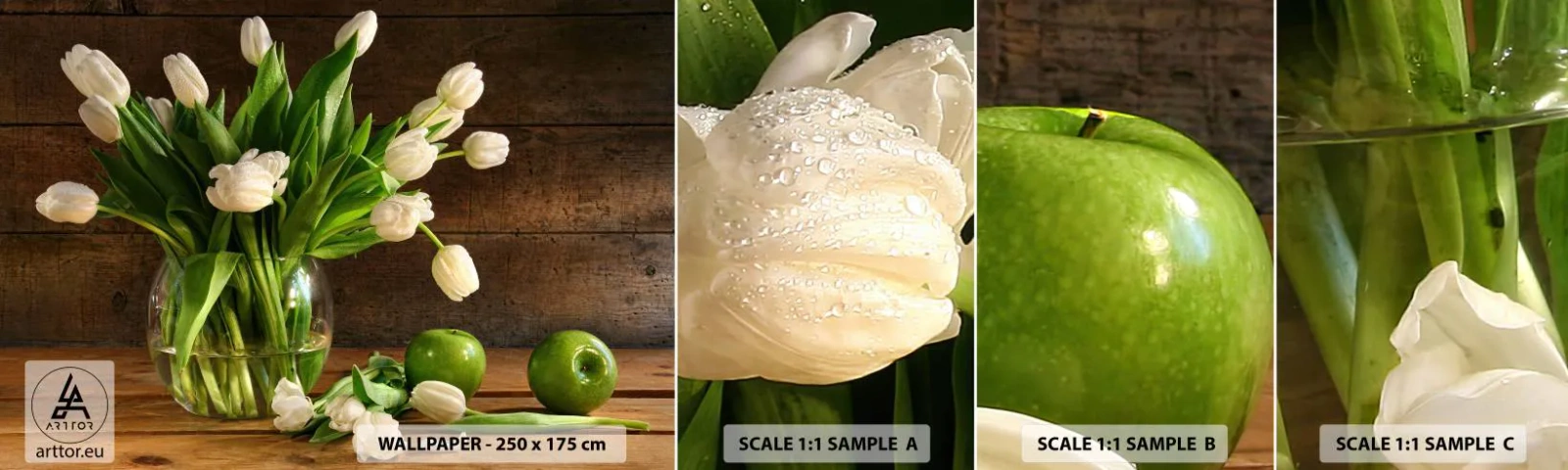 Prøve Fototapet Selvklæbende Deluxe Sticker - Saftig og frisk i grøn og hvid - Blomster, Tulipaner, Buket blomster - 100x30 cm