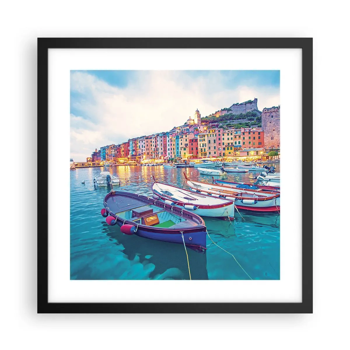Plakat i sort ramme - En farverig aften i havnen - 40x40 cm