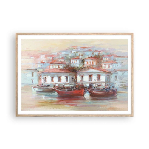 Plakat i ramme af lyst egetræ - Lykkelig by - 100x70 cm