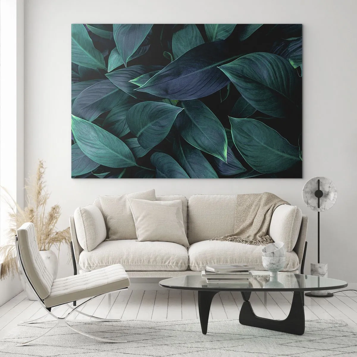 Billede på glas - Tætte grønne blade på en mørk baggrund - 70x50cm - Grønt i sig selv - Moderne vægdekoration til stue og soveværelse ARTTOR