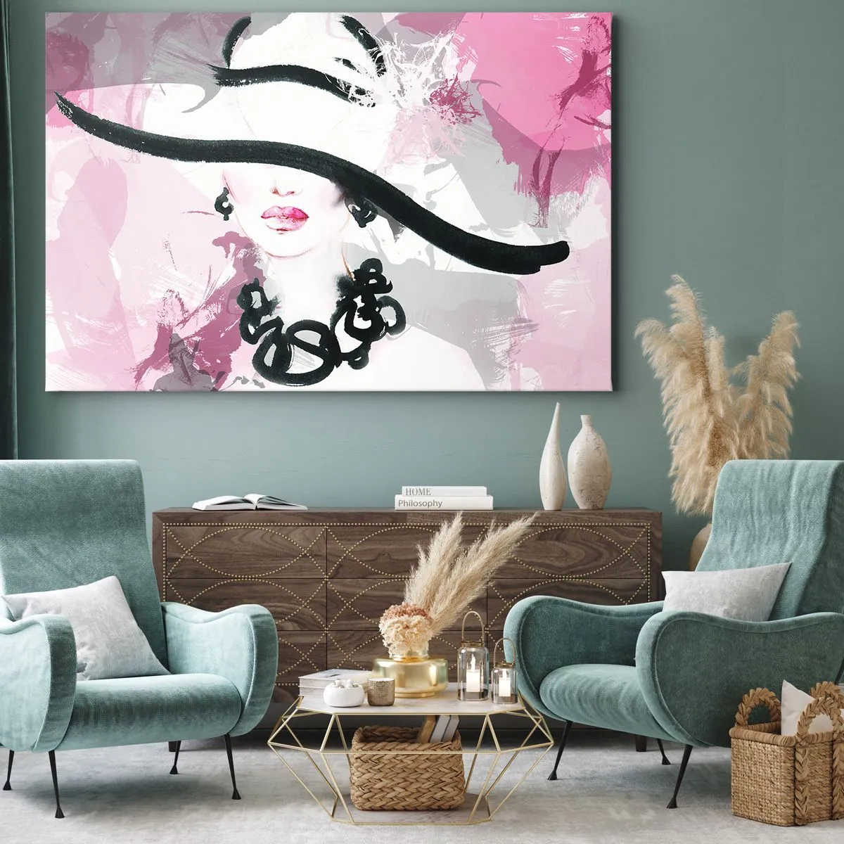 Lærredstryk - Billede på lærred - En elegant kvinde i en hat mod en baggrund af lyserøde abstraktioner. - 70x50cm - Portræt af en dame i sort og lyserødt - Moderne vægdekoration til stue og soveværelse ARTTOR