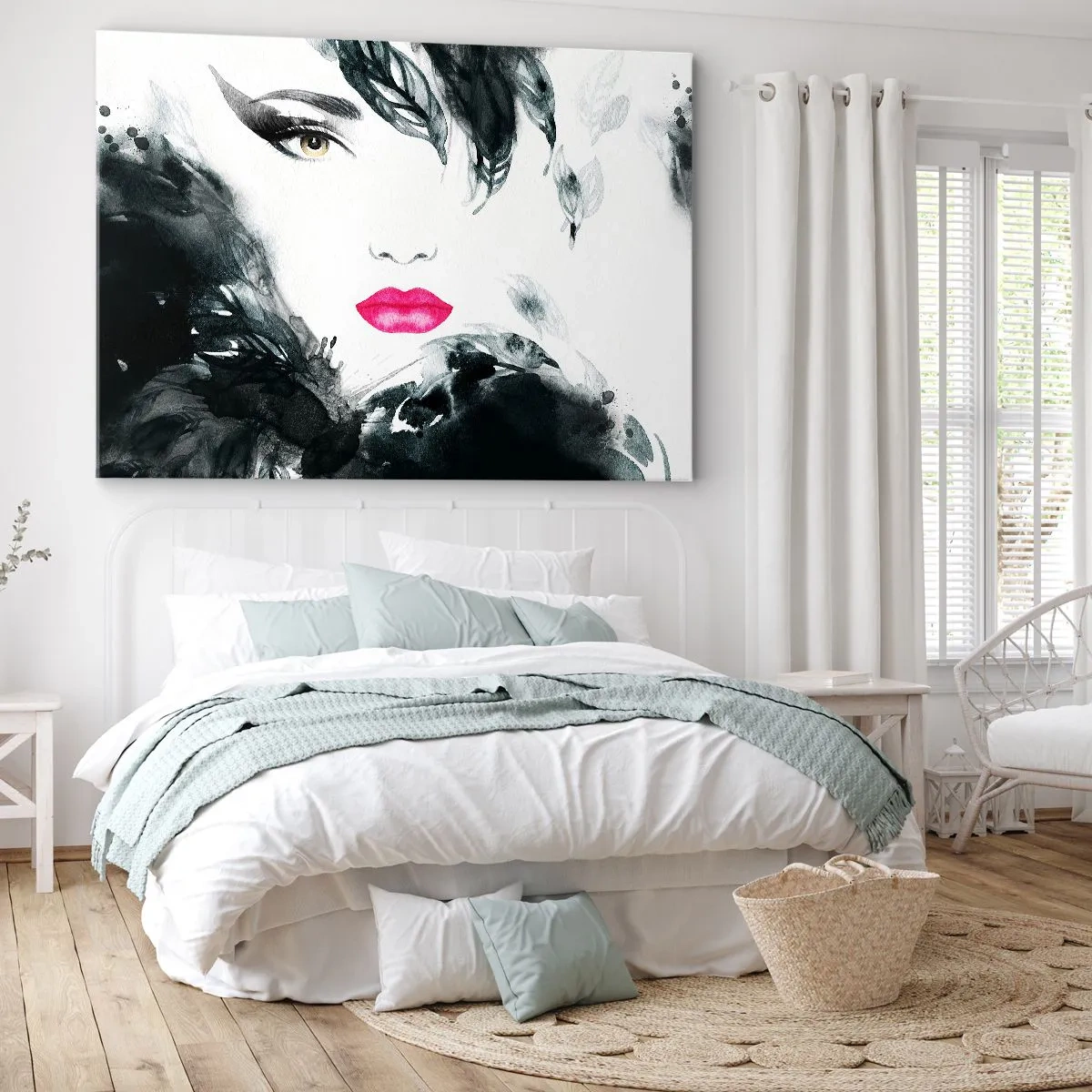 Lærredstryk - Billede på lærred - Kunstnerisk portræt af en kvinde med intenst lyserøde læber - 70x50cm - OBS! Femme fatale - Moderne vægdekoration til stue og soveværelse ARTTOR