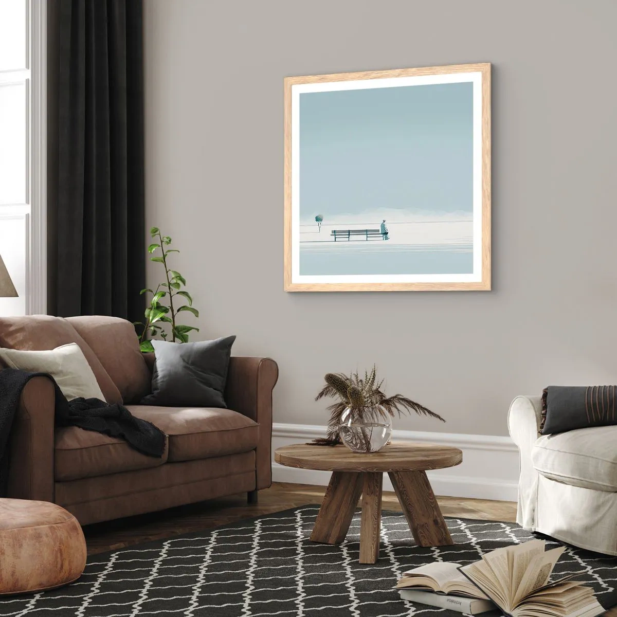 Plakat i ramme af lyst egetræ - Ja, jeg venter. - 60x60 cm