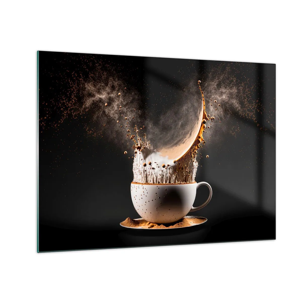 Billede på glas - Kaffesprøjt med mælk i et dynamisk billede - 70x50cm - En eksplosion af smag - Moderne vægdekoration til stue og soveværelse ARTTOR