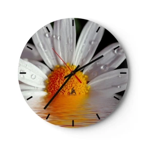 Vægur, Uret - Makro af en marguerit med vanddråber på dens kronblade - 30x30cm - Den opgående sol på margaret - Moderne vægdekoration til stue, køkken og soveværelse ARTTOR