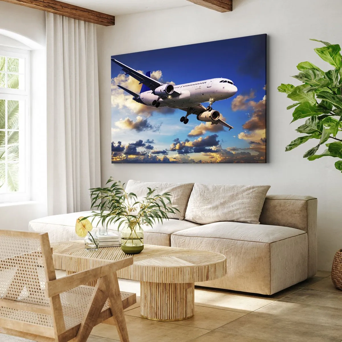 Lærredstryk - Billede på lærred - Et passagerfly mod skyerne ved solnedgang - 70x50cm - En rejse i hvidt og blåt - Moderne vægdekoration til stue og soveværelse ARTTOR
