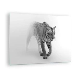 Billede på glas - En tiger skrider gennem tågen med en diskret sløring i baggrunden - 70x50cm - Krybende i tågen - Moderne vægdekoration til stue og soveværelse ARTTOR