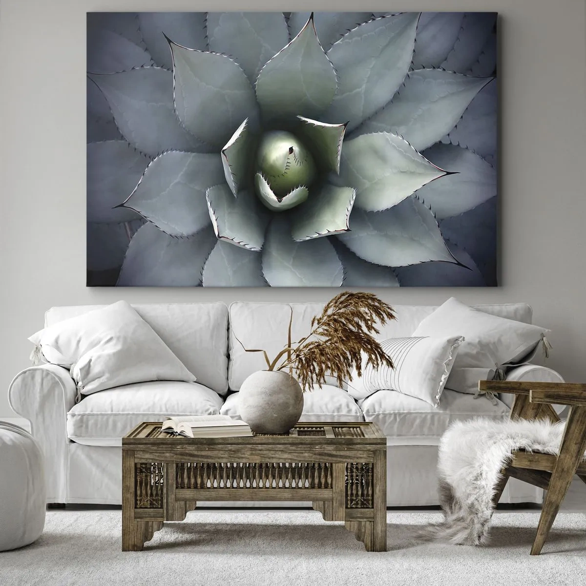 Lærredstryk - Billede på lærred - Nærbillede af en agaveroset i sarte grønne nuancer - 70x50cm - Lokkemad og advarsler - Moderne vægdekoration til stue og soveværelse ARTTOR