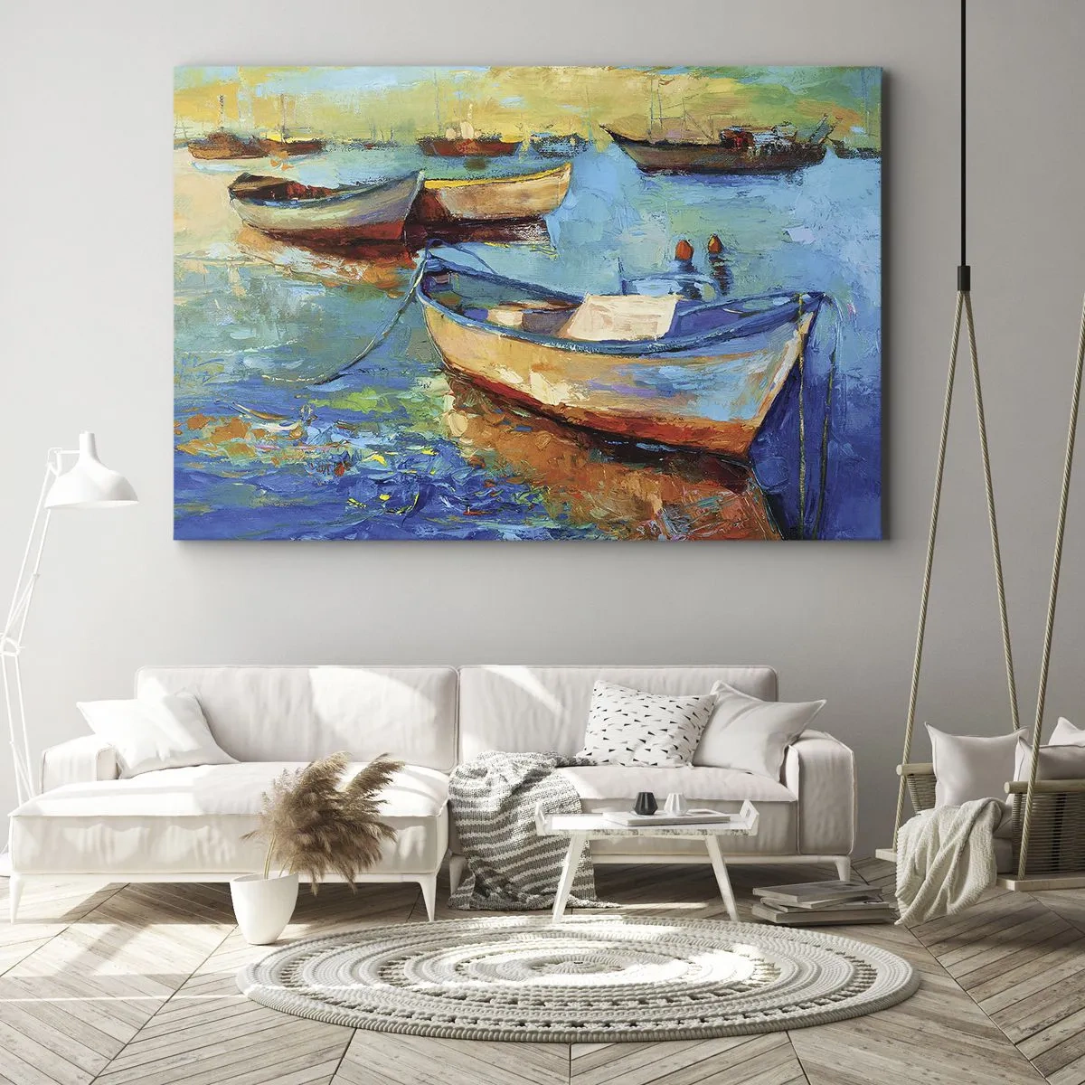 Lærredstryk - Billede på lærred - Farverige både fortøjet på roligt vand - 70x50cm - I den sydlige bugt - Moderne vægdekoration til stue og soveværelse ARTTOR