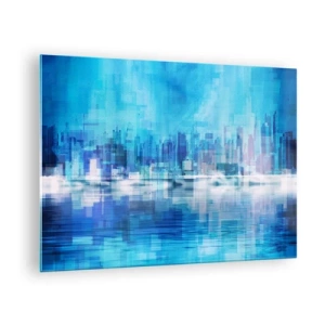 Billede på glas - Et moderne bypanorama i blå nuancer - 70x50cm - Sænket i blåt - Moderne vægdekoration til stue og soveværelse ARTTOR